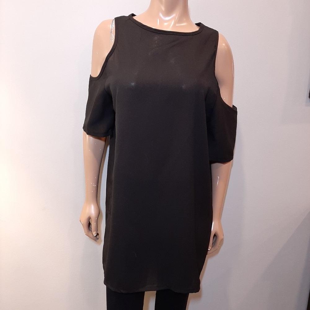 Cold Shoulder Tunic Top Mini Dress Short Sleeve Solid Black Semi Sheer - Picture 10 of 10